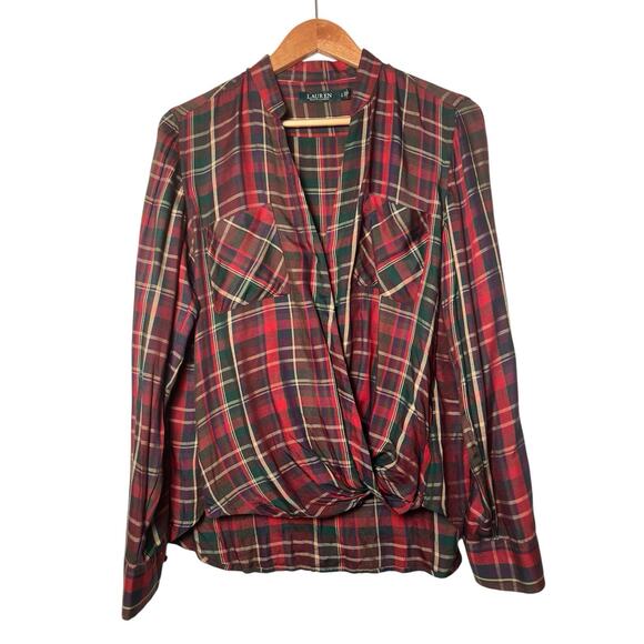 Lauren Ralph Lauren Tops - Lauren Ralph Lauren Plaid Twist Front Blouse L Red Green Long Sleeve Draped